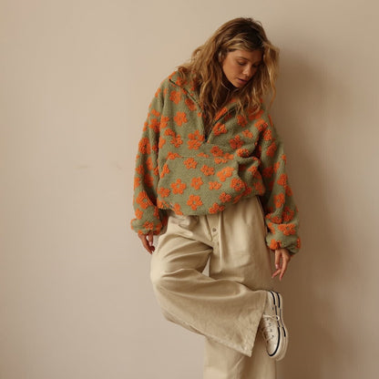 Women's Quarter-Zip Floral Sweater