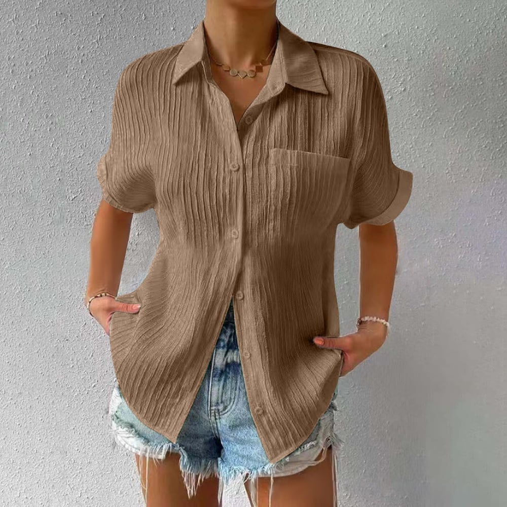 Women's Short Sleeve Blouse Cotton Crinkled White