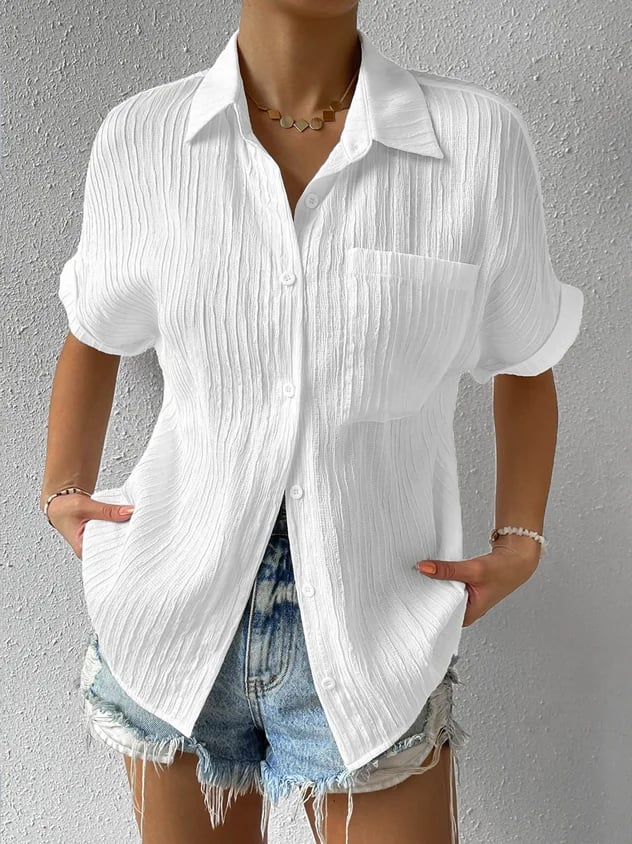 Women's Short Sleeve Blouse Cotton Crinkled White - VibreMode