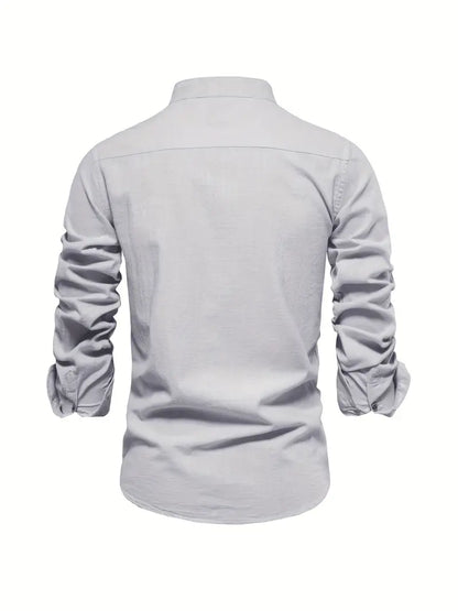 Men's Long Sleeve Button Shirt Band Collar White