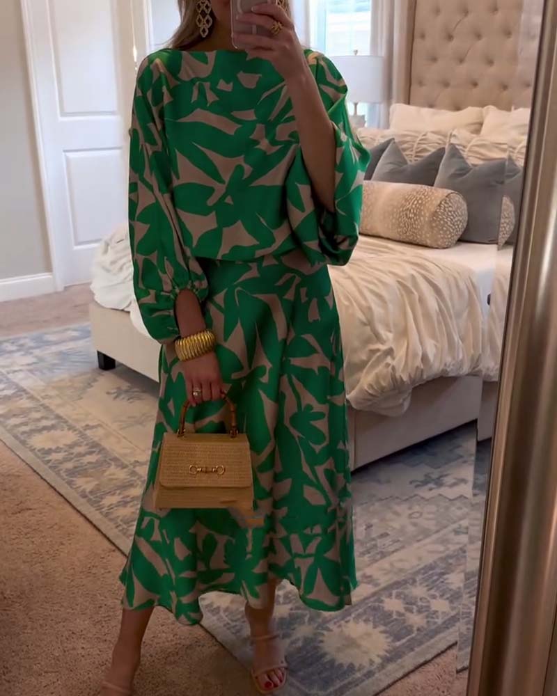 Women's Printed Two Piece Set Lantern Sleeves - VibreMode