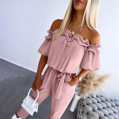 Women's Off Shoulder Frill Jumpsuit Tie Waist