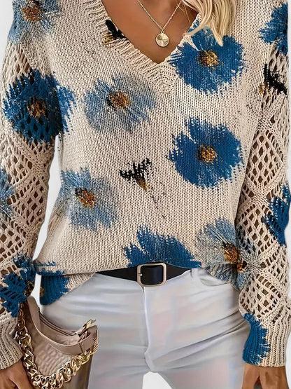 Women's V-Neck Sweater Floral Knit Pattern