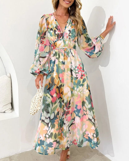 Women's Floral V-Neck Long Sleeve Midi Dress