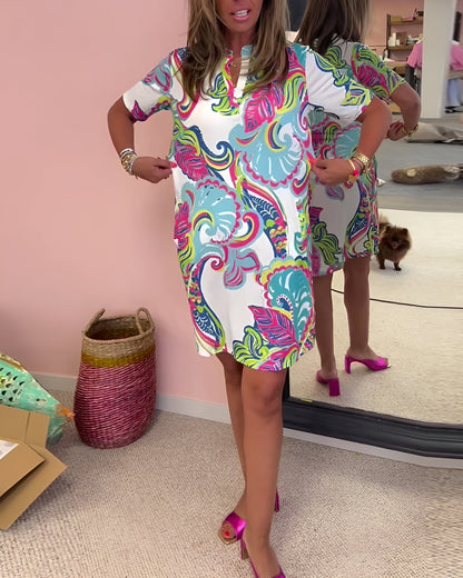 Relaxed Fit V Neck Printed Summer Dress for Women