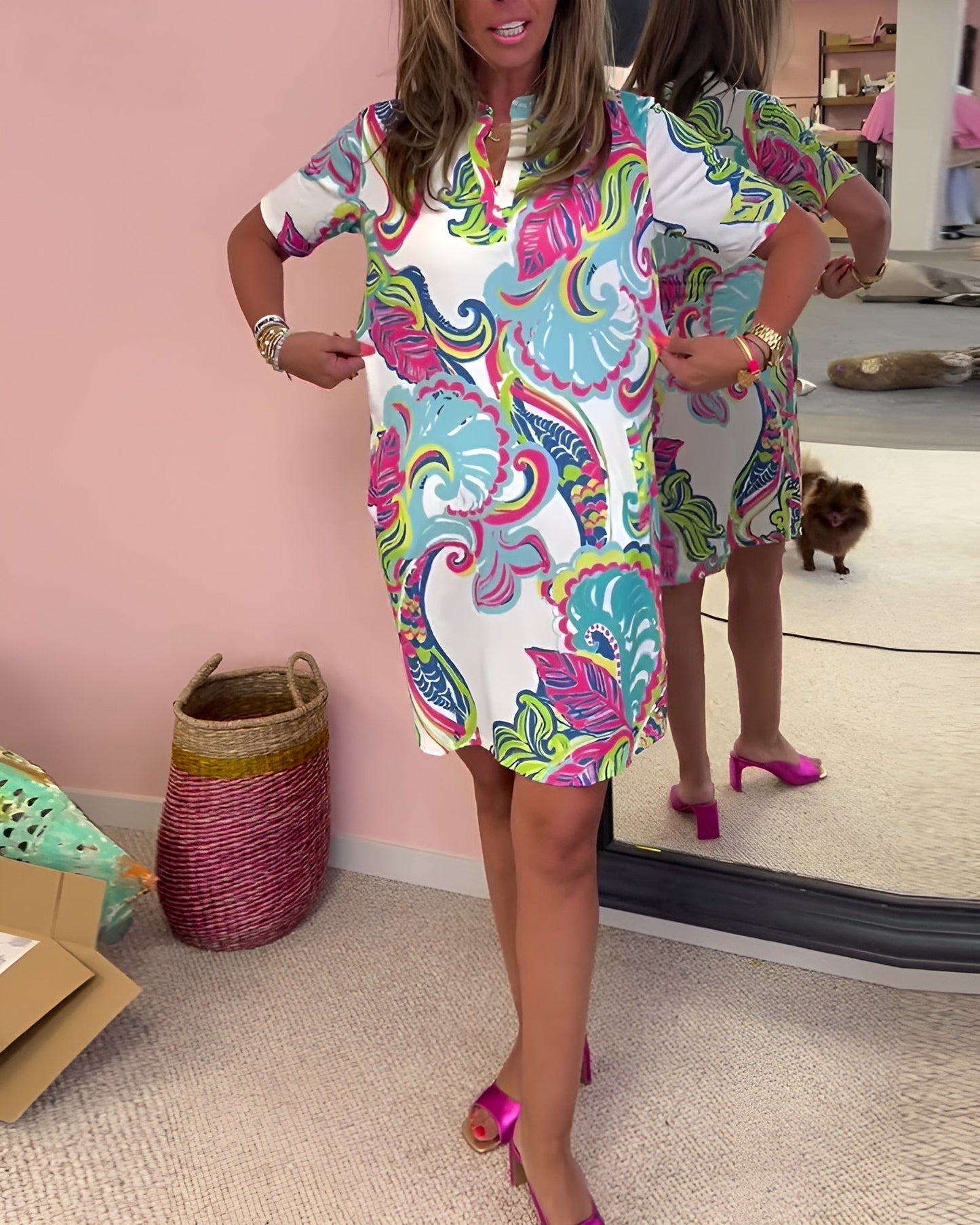 Women's V Neck Printed Draped Dress Tummy Control Casual Summer