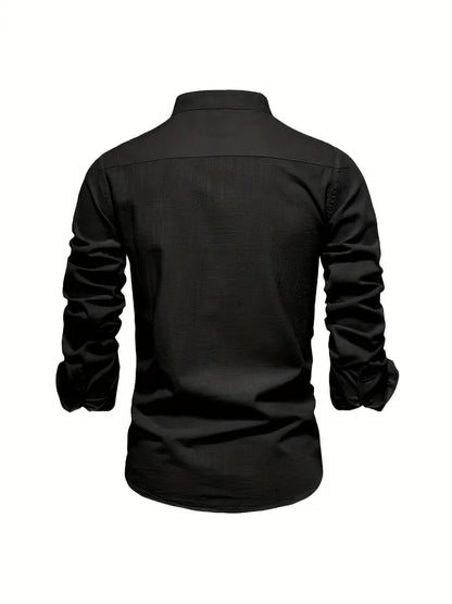 Men's Long Sleeve Button Shirt Band Collar White
