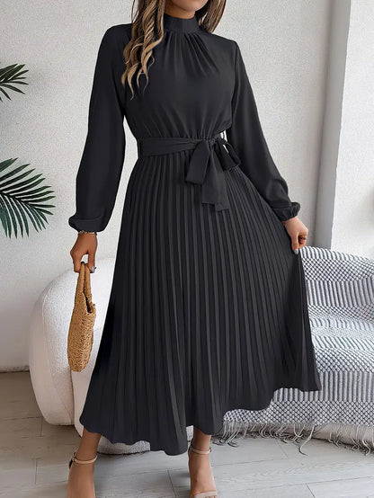 Women's Pleated Midi Dress Belted Waist