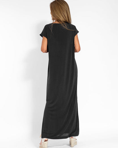 Women's V-Neck Maxi Dress Short Sleeve Coral
