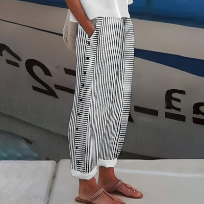 Women's Wide Leg Striped Pants Side Pockets