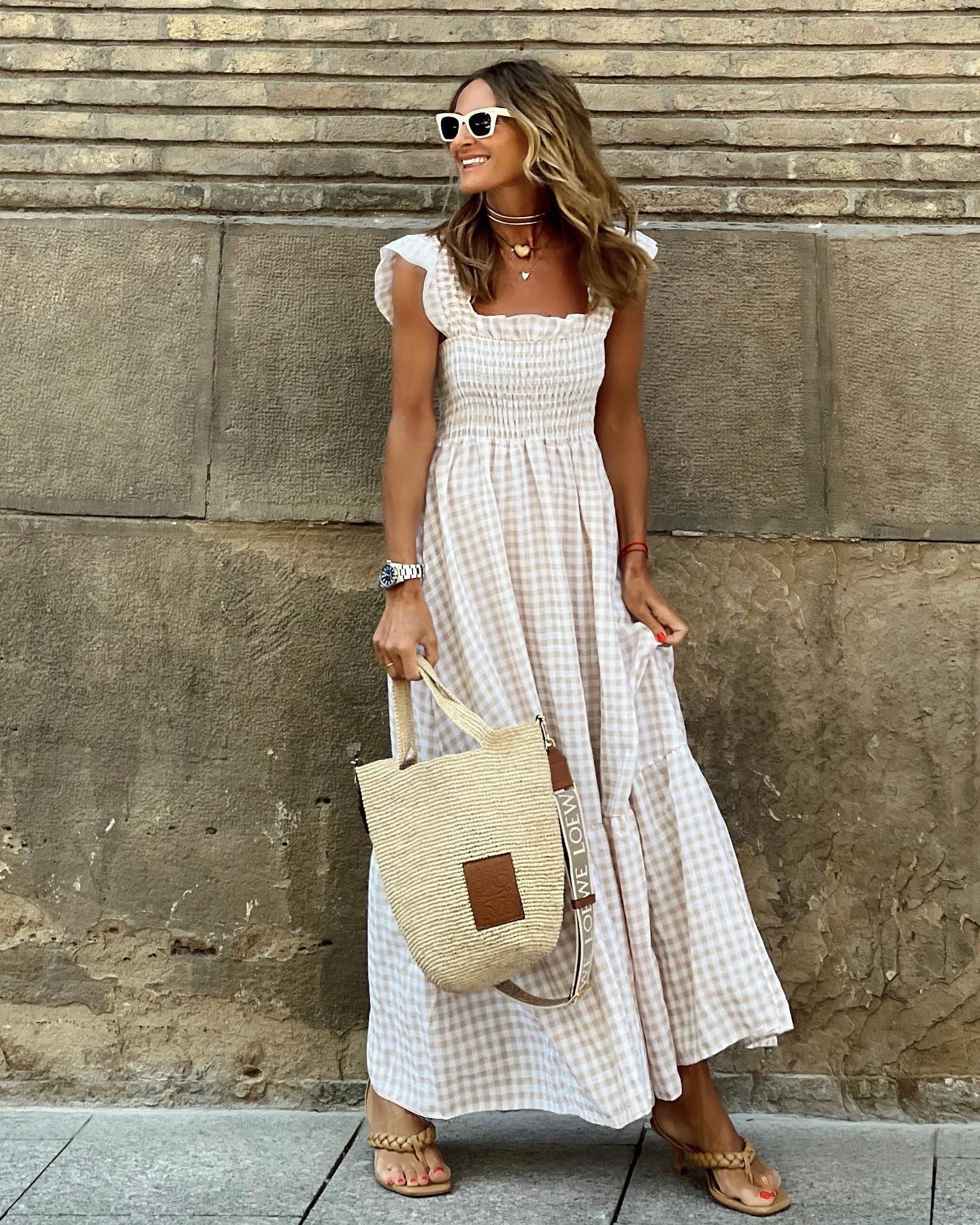 Women's Smocked Maxi Dress Gingham Print - VibreMode