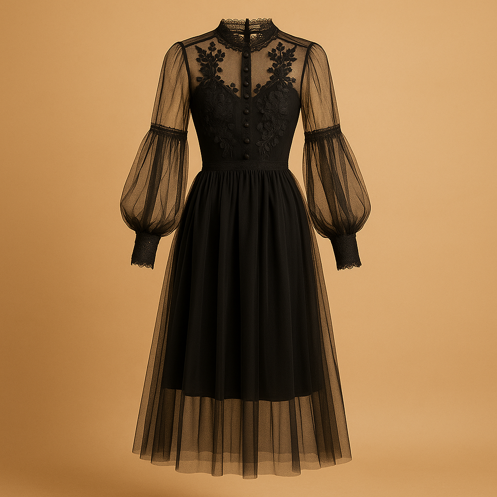 Floral high waist dress for women with lantern sleeves and stand collar, elegant and perfect for formal occasions or stylish daily wear.