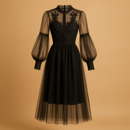 Floral high waist dress for women with lantern sleeves and stand collar, elegant and perfect for formal occasions or stylish daily wear.