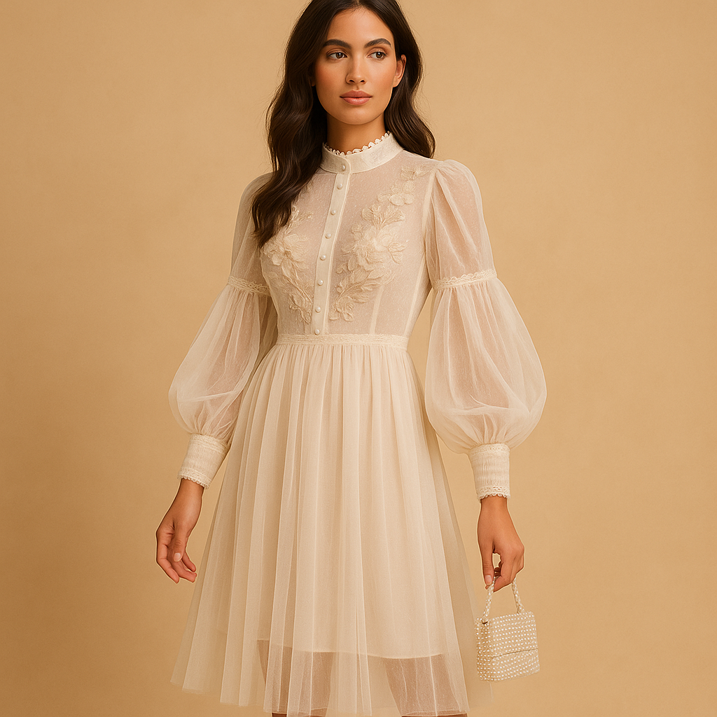 Floral high waist dress for women with lantern sleeves and stand collar, elegant and perfect for formal occasions or stylish daily wear.