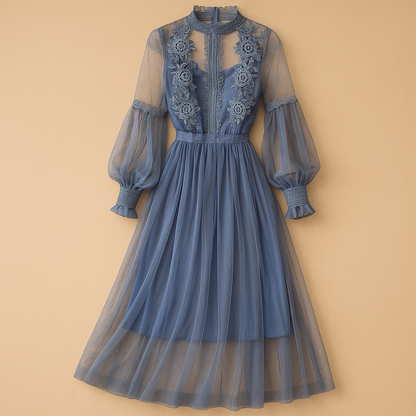 Floral high waist dress for women with lantern sleeves and stand collar, elegant and perfect for formal occasions or stylish daily wear.