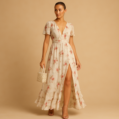 Women’s floral lace midi dress with elegant design, perfect for weddings, cocktail parties, and formal occasions.