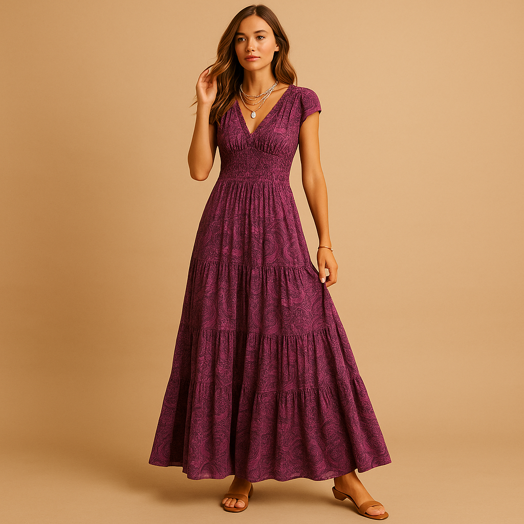 Women’s floral maxi dress with a ruffle collar and flattering fit, perfect for parties, dinners, and elegant everyday wear.