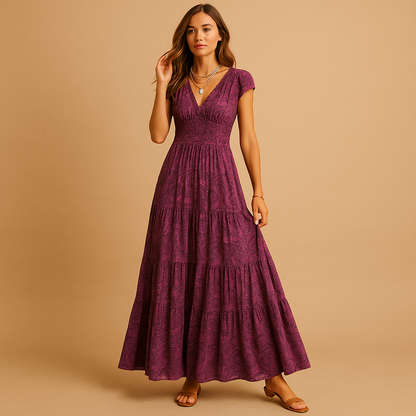 Women’s floral maxi dress with a ruffle collar and flattering fit, perfect for parties, dinners, and elegant everyday wear.