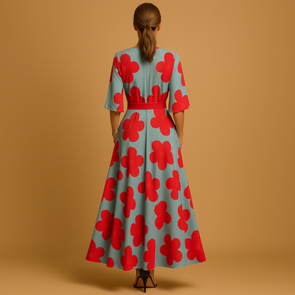 Women’s floral maxi dress with V-neck and pockets, perfect for summer outings, parties, and elegant evening occasions.
