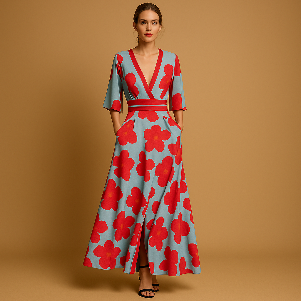 Women's Floral Maxi Dress V-Neck Pockets - VibreMode