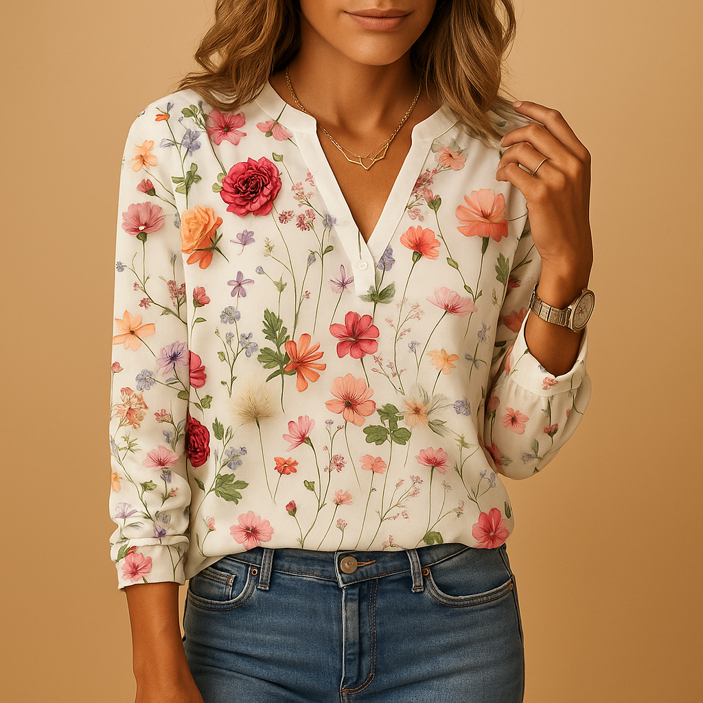 Women's V-Neck Blouse Long Sleeves Floral Print - VibreMode