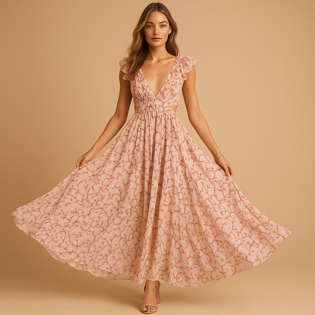 Women's Floral Maxi Dress Ruffle Deep V-Neck - VibreMode
