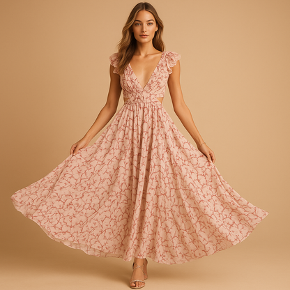 Women's Floral Maxi Dress Ruffle Deep V-Neck - VibreMode