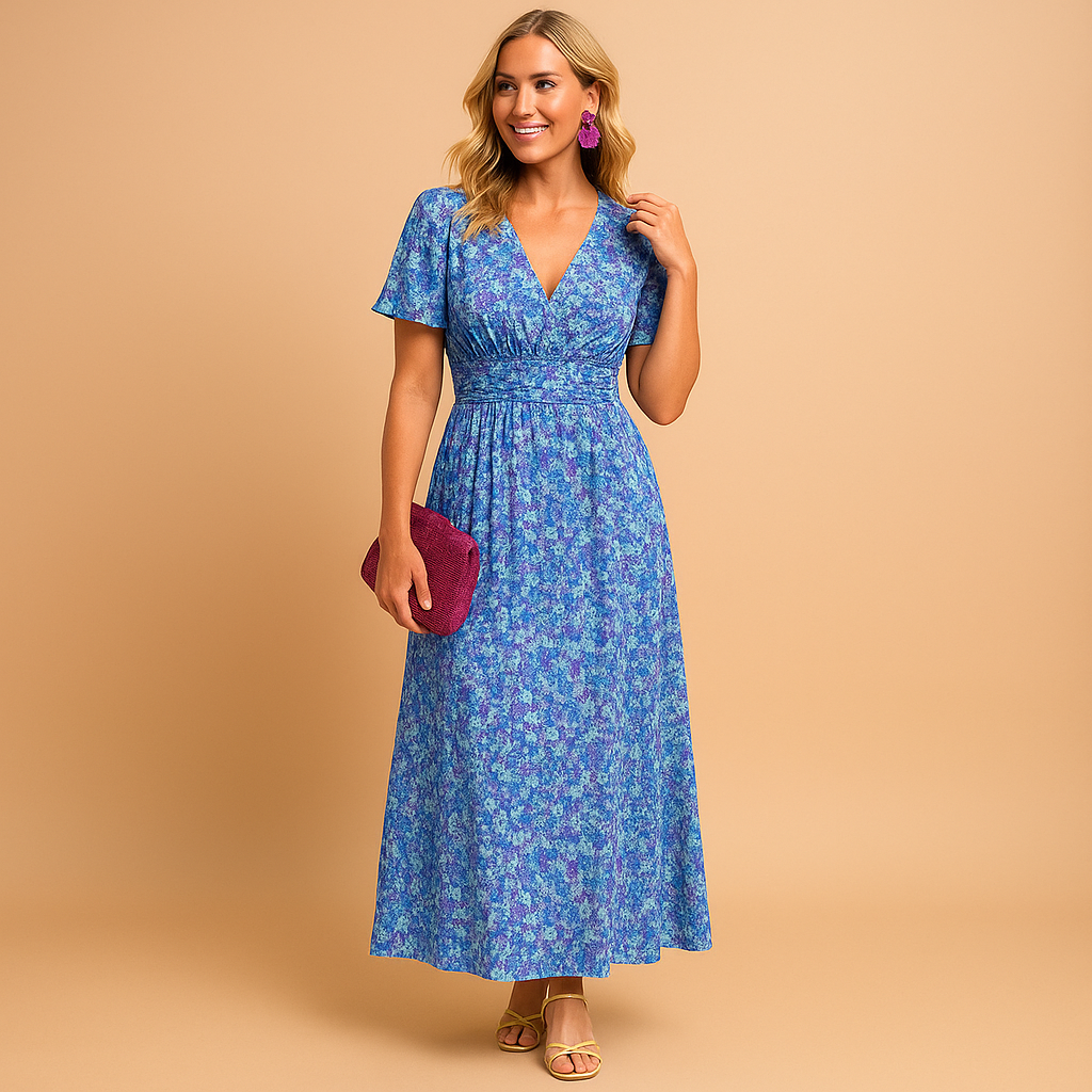 Women’s floral v-neck maxi summer dress with a flowing fit and multicolor print, perfect for holidays, beach days, and evening outings.