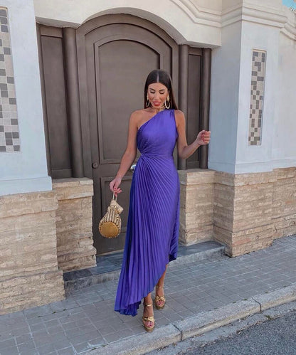 Elegant One Shoulder Midi Evening Dress for Women - VibreMode