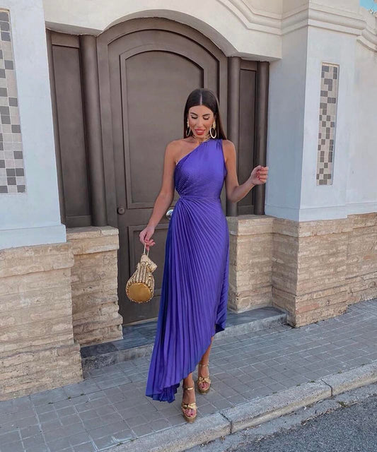 Elegant One Shoulder Midi Evening Dress for Women - VibreMode