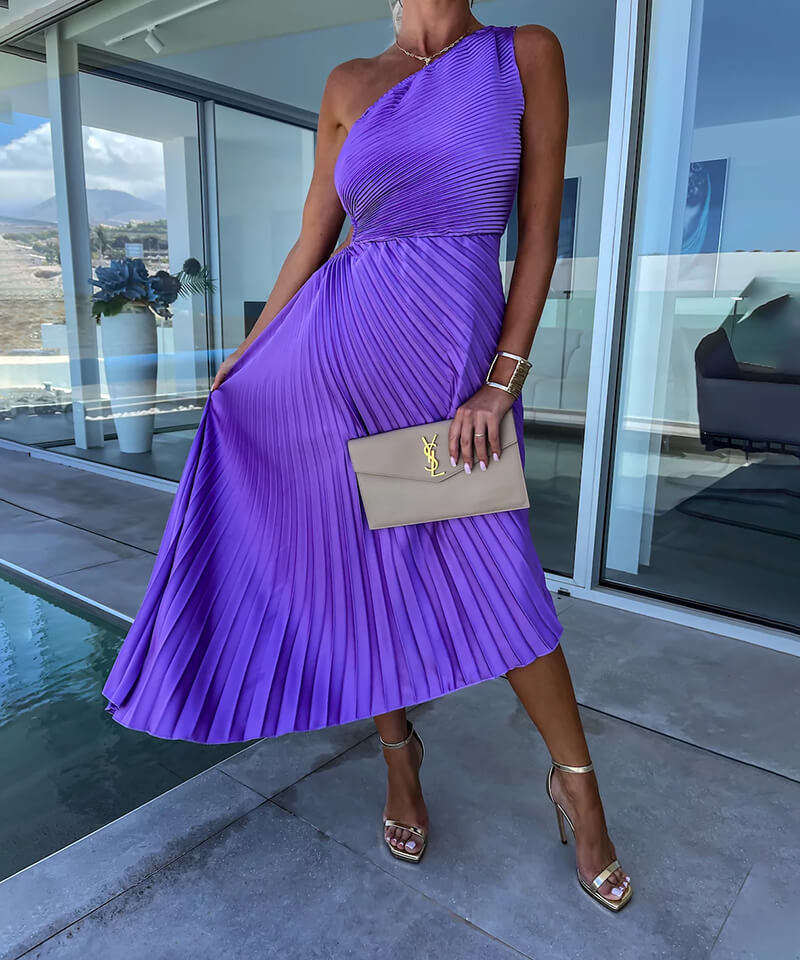 Women's One Shoulder Midi Dress Asymmetric Evening Peony