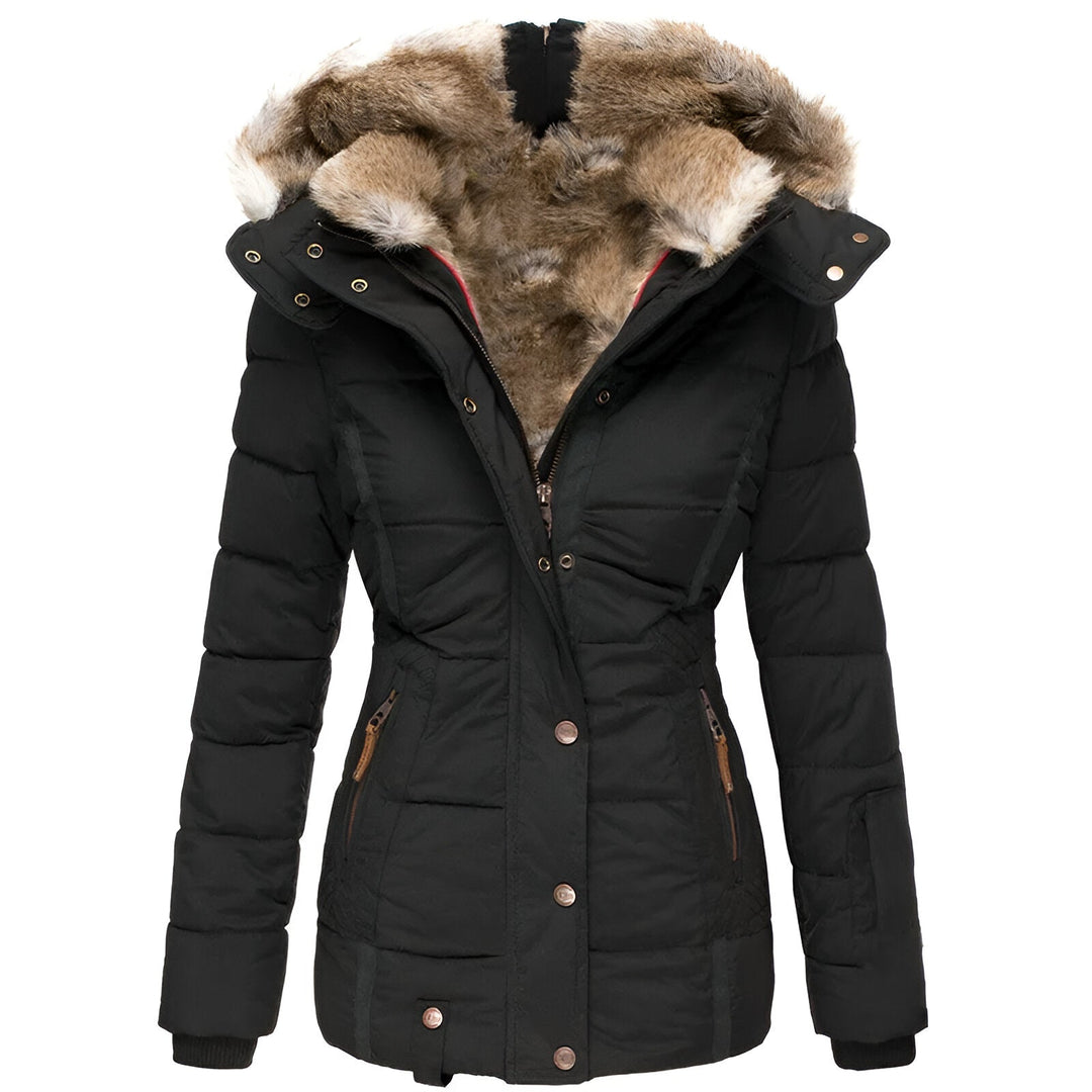 Women's Quilted Puffer Jacket Fur Trim Hooded Black - VibreMode