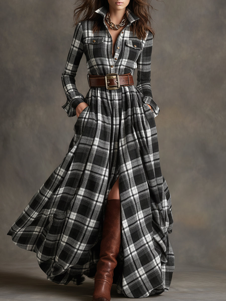 Image of Gabriella | Women's Belted Plaid Maxi Dress