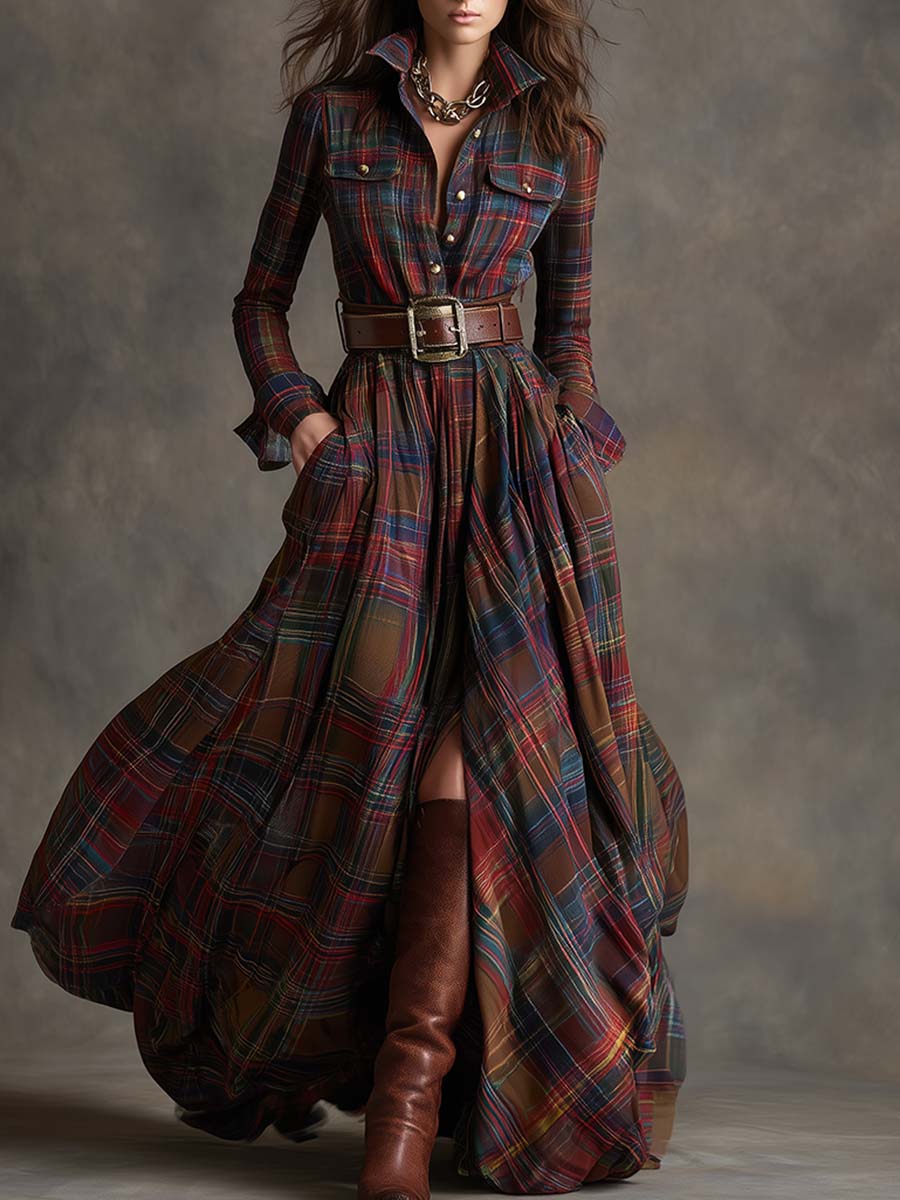 Women's Plaid Maxi Dress Belted - VibreMode