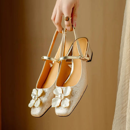 Women's Floral Slingback Pumps Square Toe Block Heel Shoes