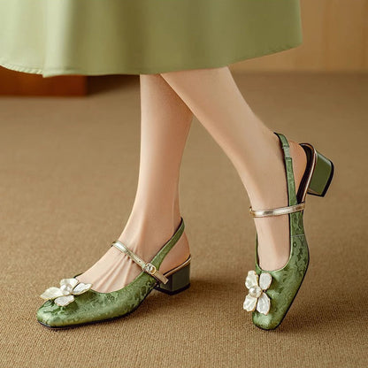 Women's Floral Slingback Pumps Square Toe Block Heel Shoes - VibreMode