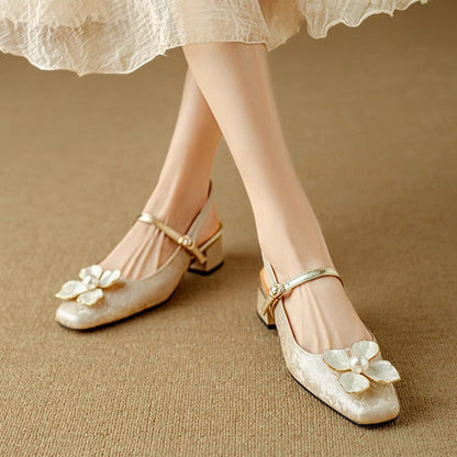 Women's Floral Pumps Block Heel Jacquard Strap