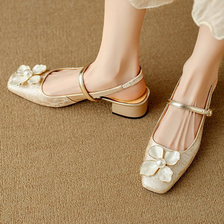 Women's Floral Pumps Block Heel Jacquard Strap