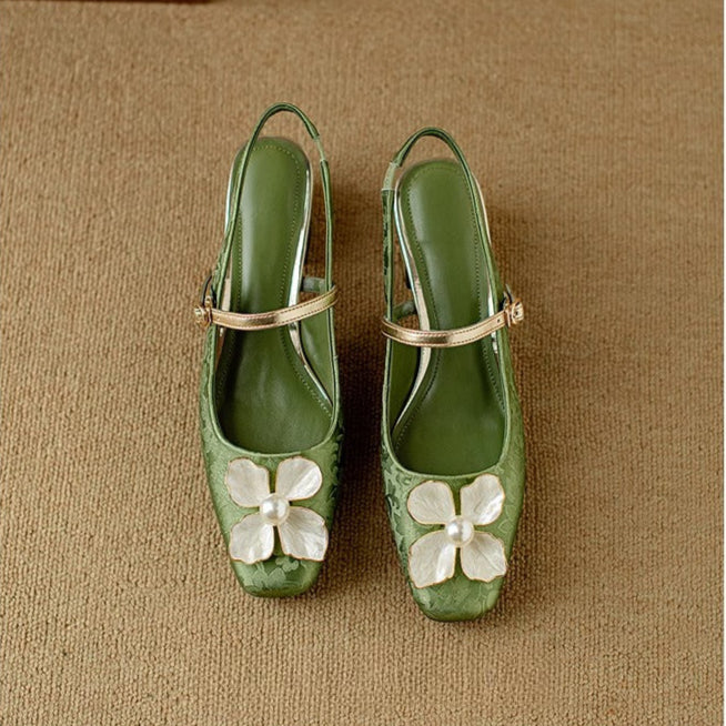 Women's Floral Slingback Pumps Square Toe Block Heel Shoes