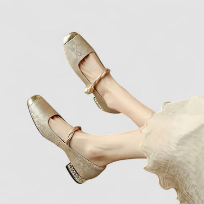 Women's Mary Jane Shoes Low Block Heel Metallic Accents