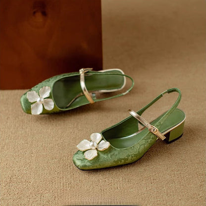Women's Floral Pumps Block Heel Jacquard Strap