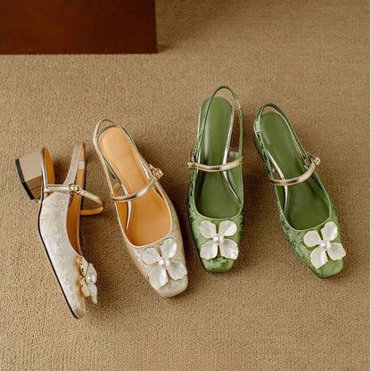 Women's Floral Pumps Block Heel Jacquard Strap