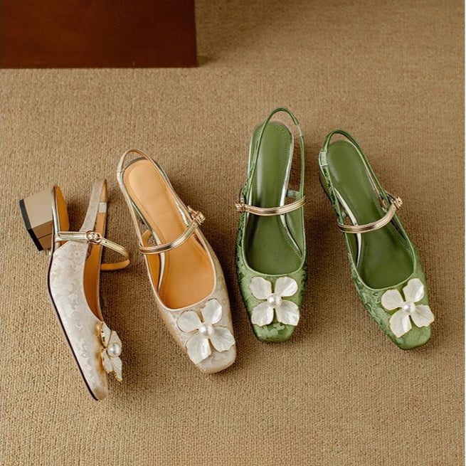 Women's Floral Slingback Pumps Square Toe Block Heel Shoes
