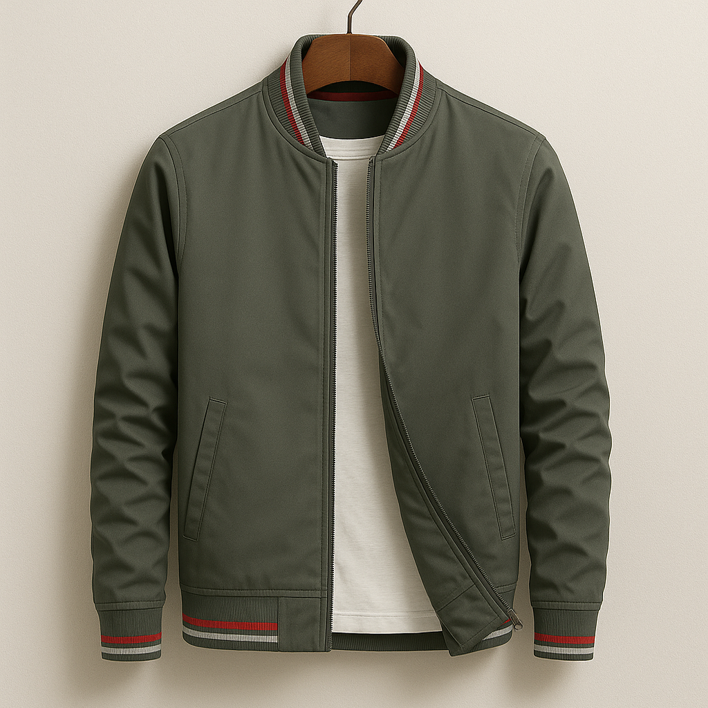 Men's Lightweight Bomber Jacket Zip-Up Ribbed Trim Black