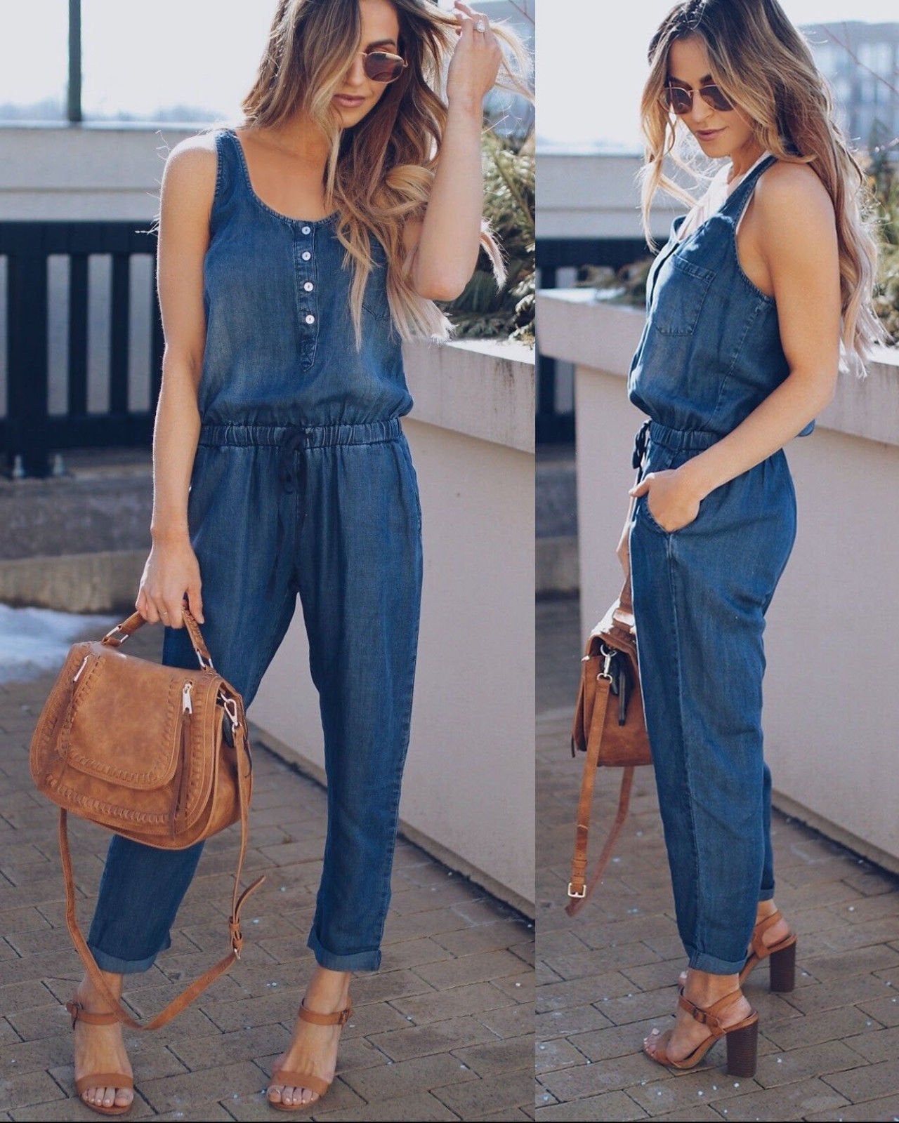 Women's Denim Jumpsuit Sleeveless Blue - VibreMode