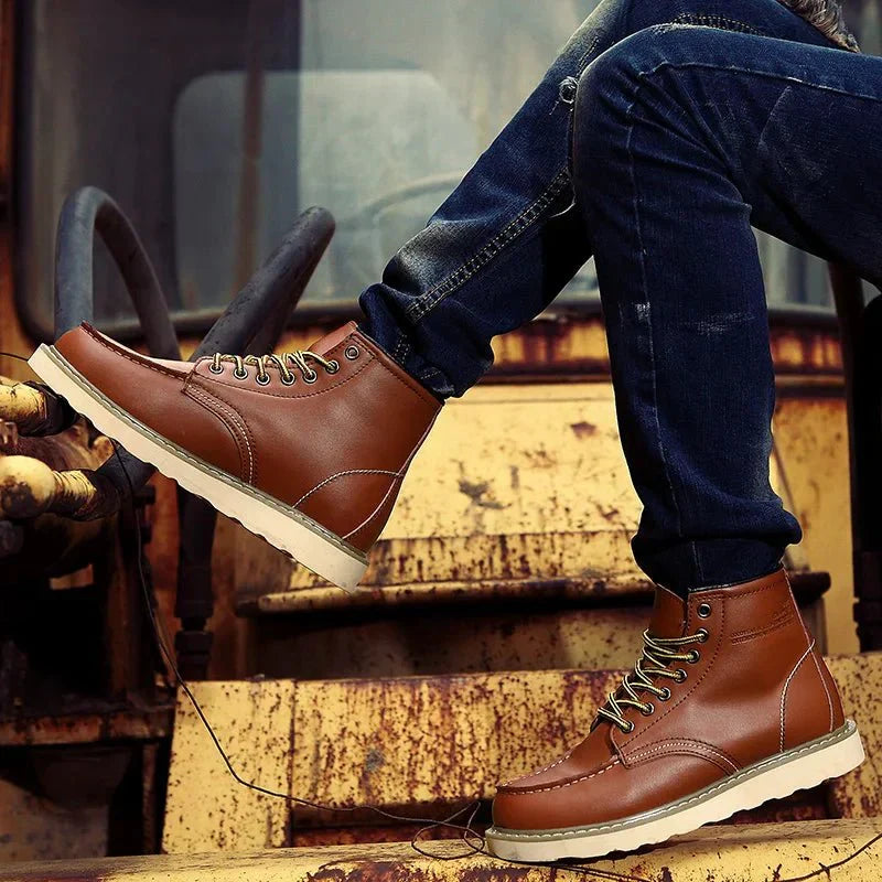 Men's Moc Toe Boots Lace-Up Rugged Sole Brown