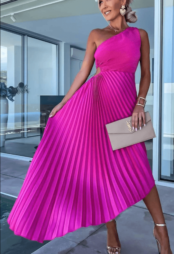 Women's One Shoulder Pleated Maxi Dress Asymmetrical Hem