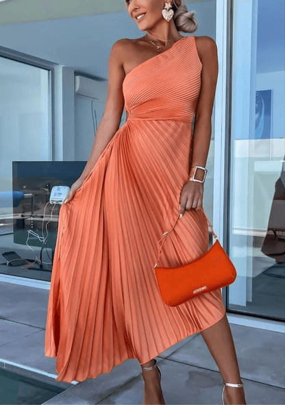 Women's One Shoulder Pleated Maxi Dress Asymmetrical Hem - VibreMode
