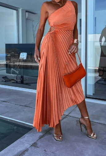 Women's One Shoulder Pleated Maxi Dress Asymmetrical Hem