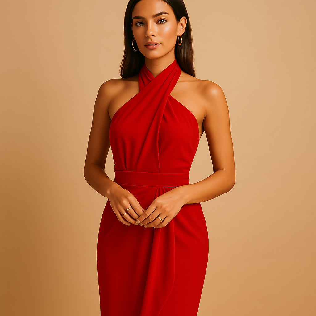 Women’s halter neck elegant dress with slim silhouette, perfect for evening occasions, dinners, and formal events.